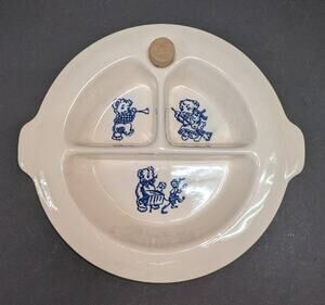 Vintage Excello Warming Hot Water Plate Children Teddy Bear Blue White Porcelain